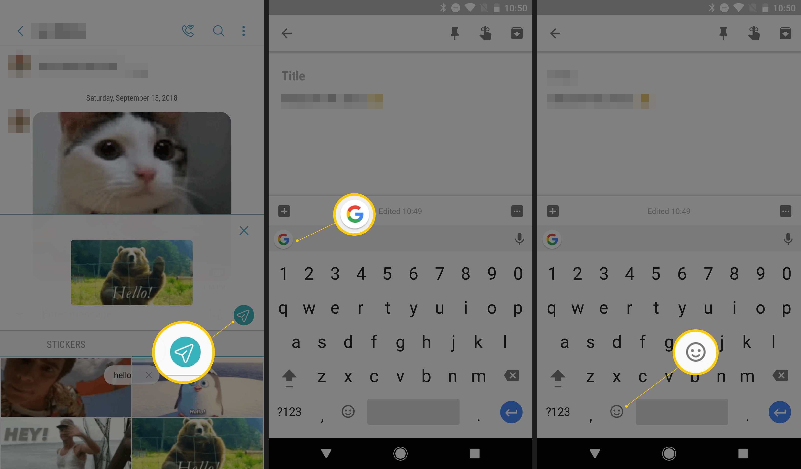 Três telas do Android exibindo o botão Enviar, o ícone do Gboard e o ícone de emoticon no teclado