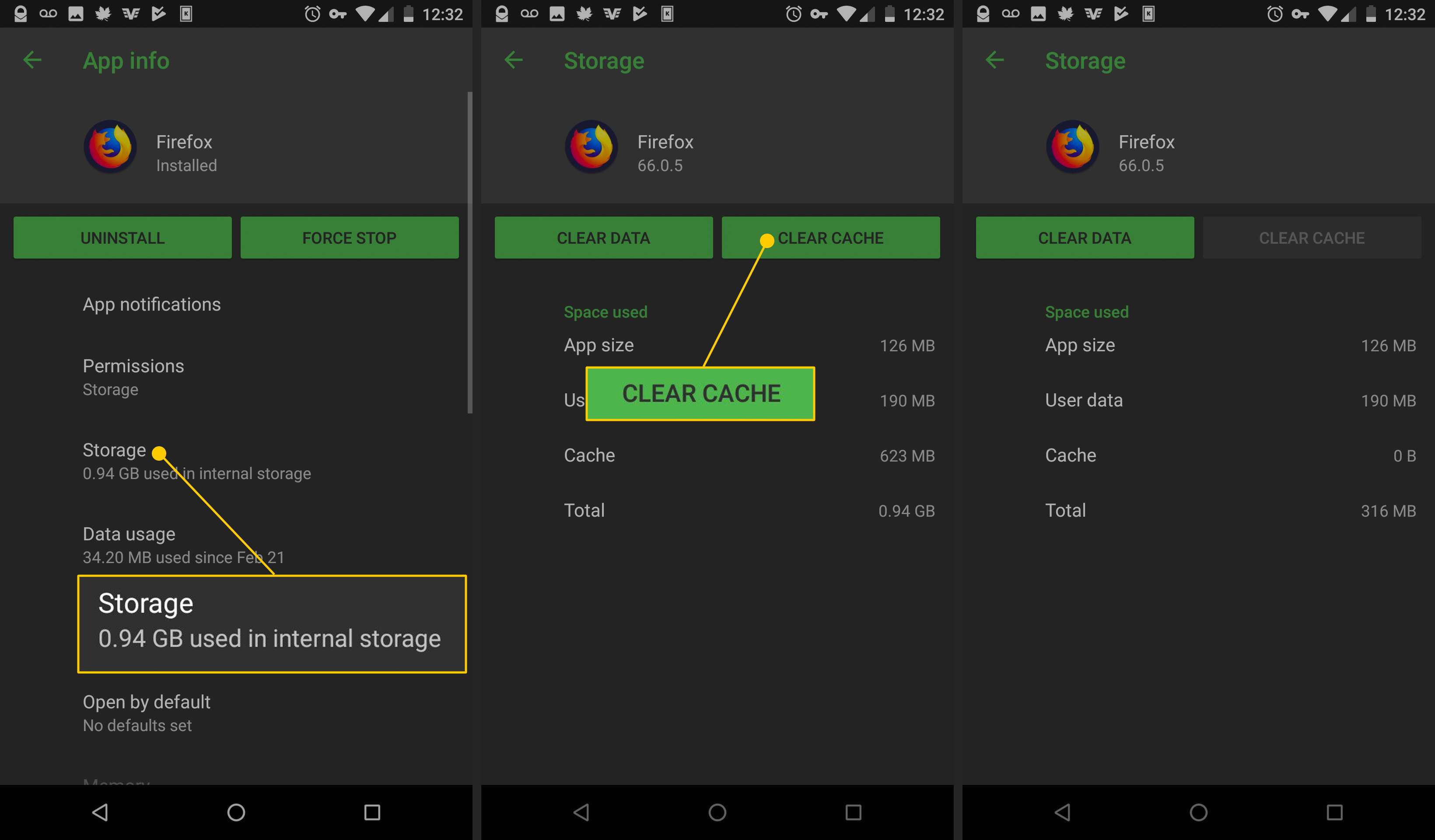 Botões de armazenamento, limpar cache no Android