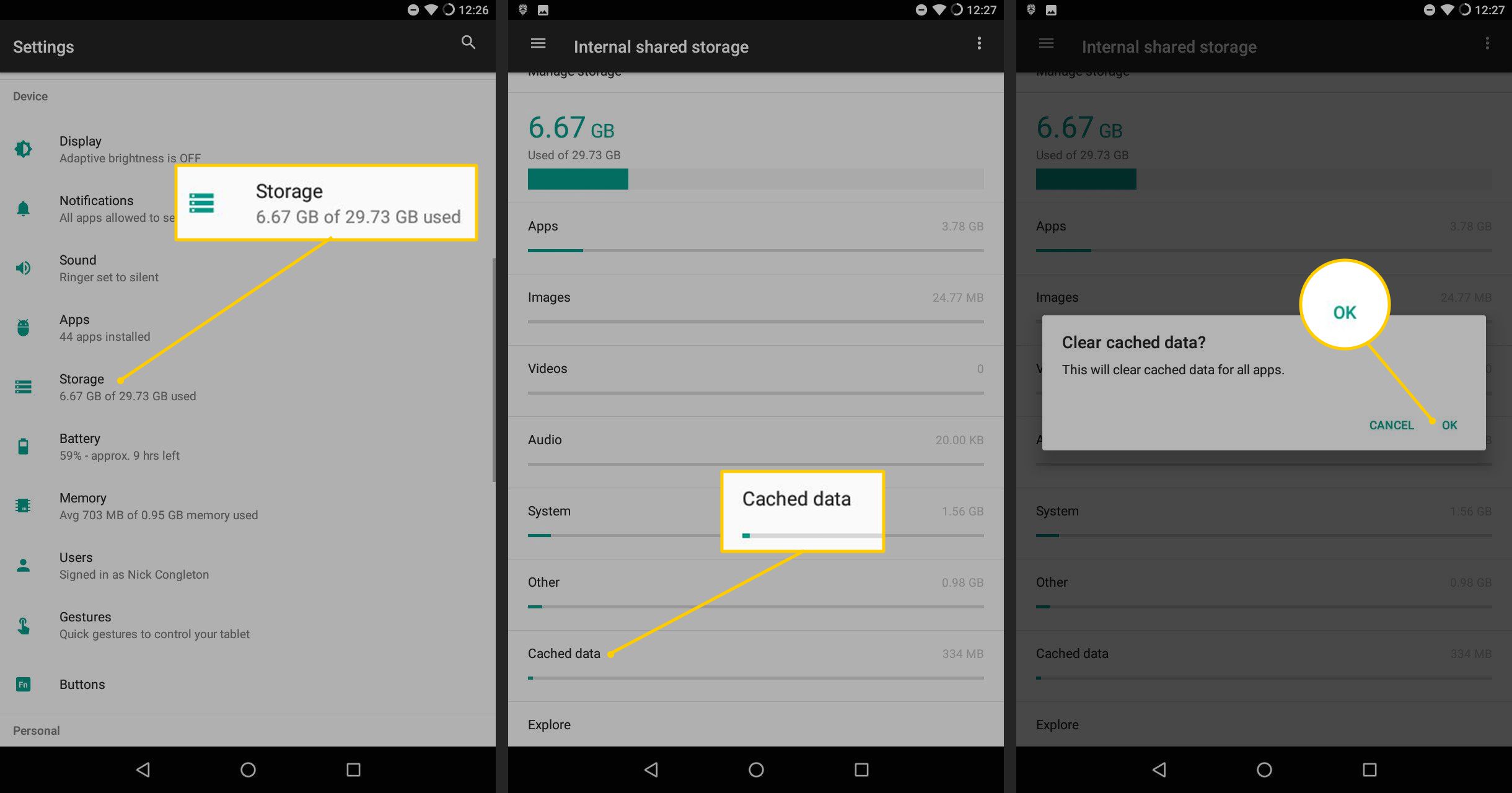 Armazenamento, dados em cache e botão OK nas configurações do Android