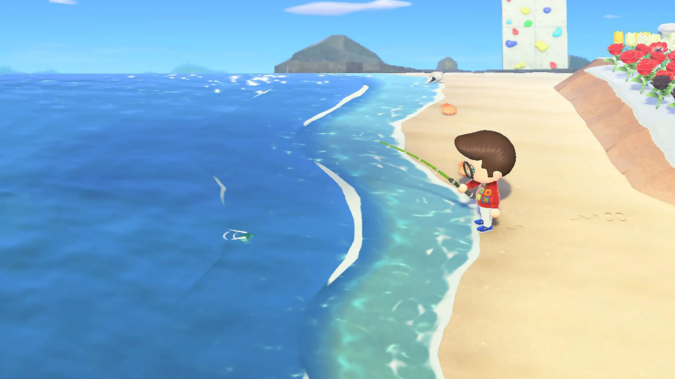 Captura de tela de um personagem pescando em Animal Crossing