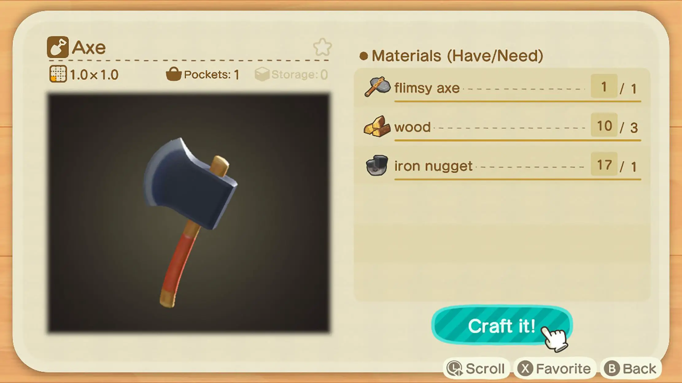 Captura de tela da ferramenta Axe no Animal Crossing