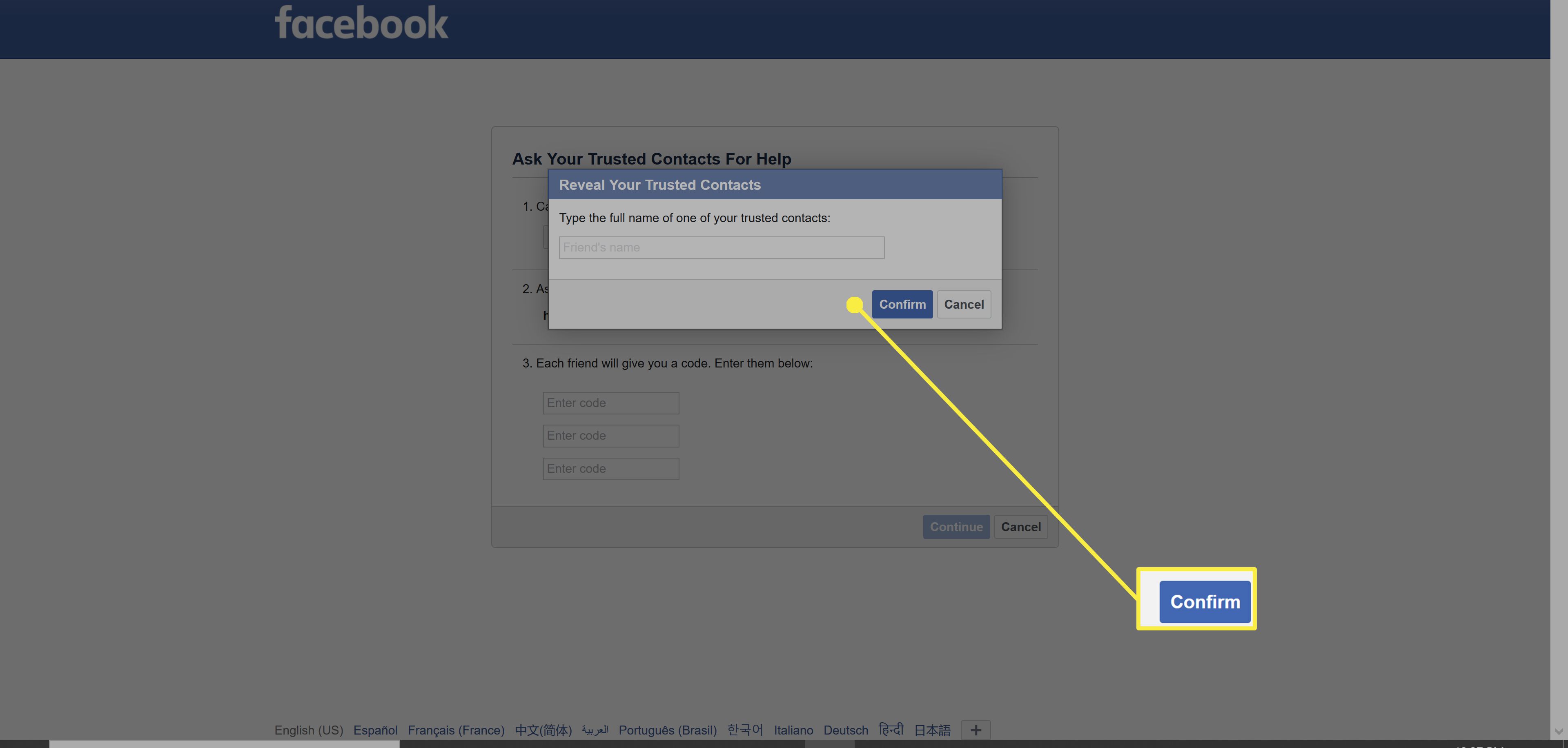Configurando contatos confiáveis ​​do Facebook.
