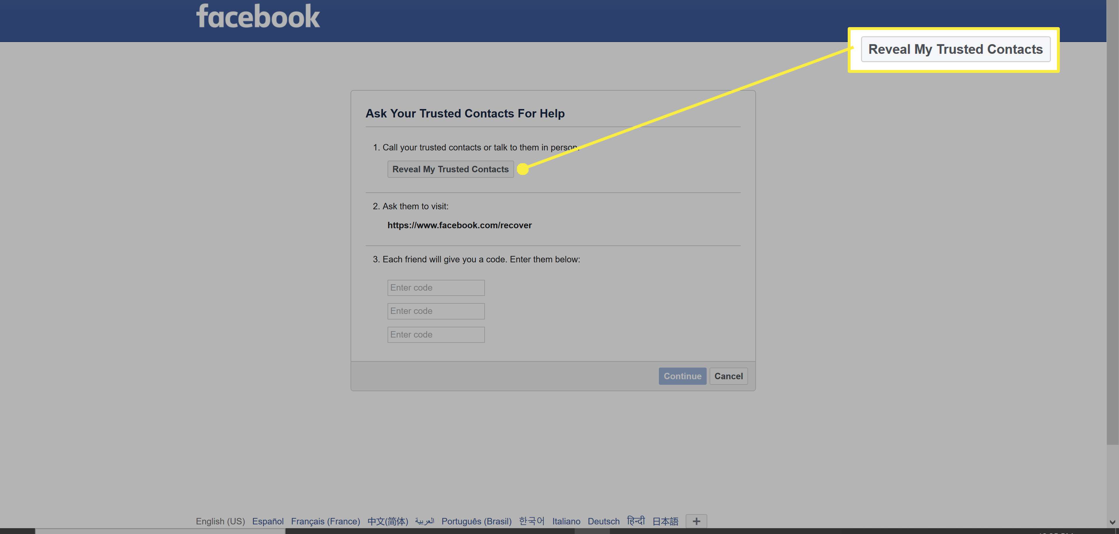 Configurando contatos confiáveis ​​do Facebook.