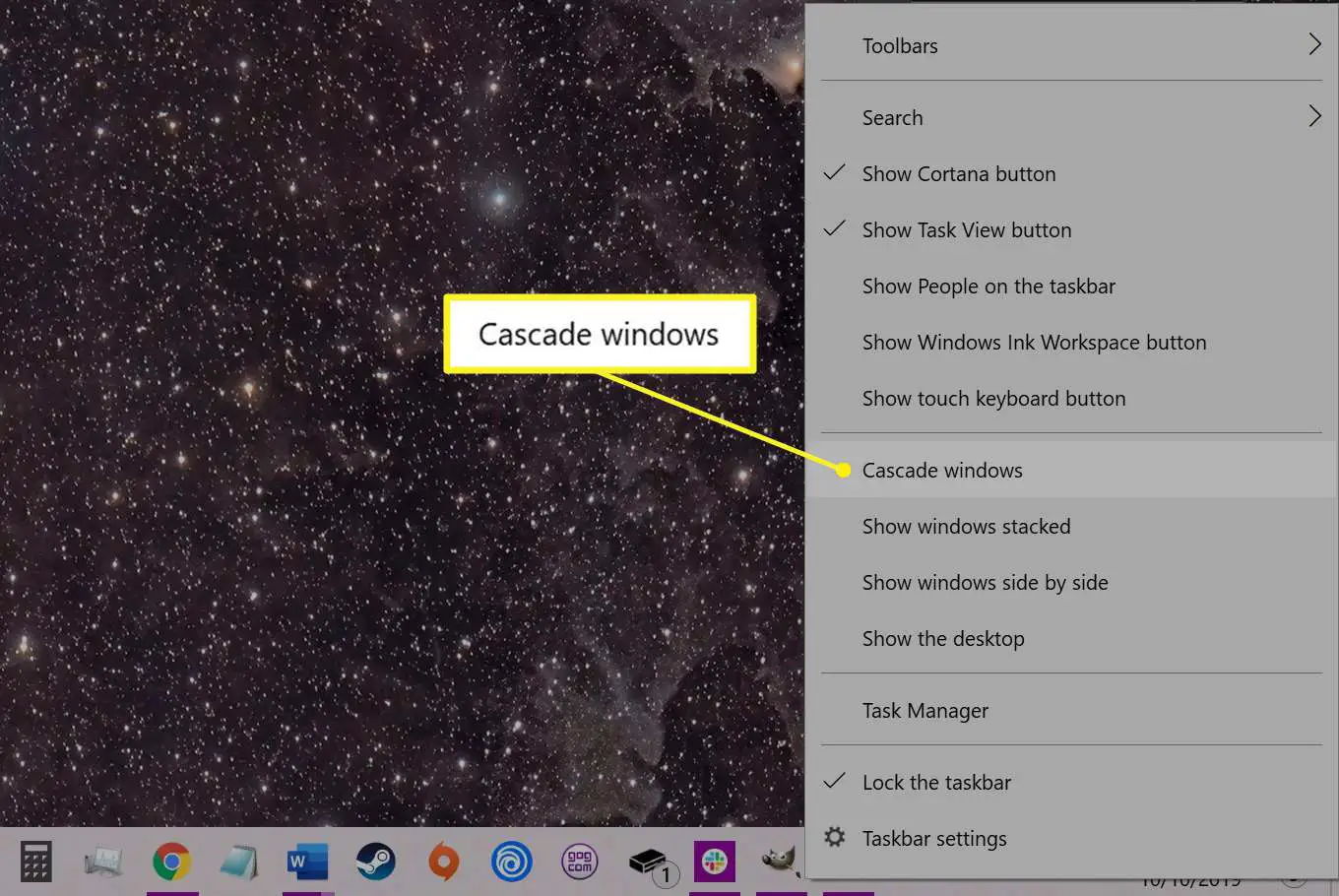 Clique com o botão direito do mouse no menu da barra de tarefas do Windows com as janelas Cascade destacadas