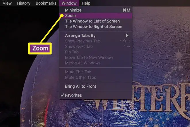 Zoom selecionado no menu Janela de um Mac