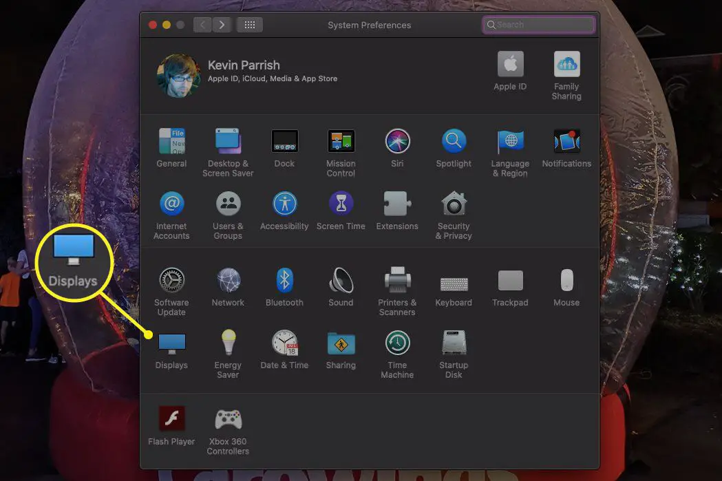 Preferências do sistema Mac com monitores selecionados
