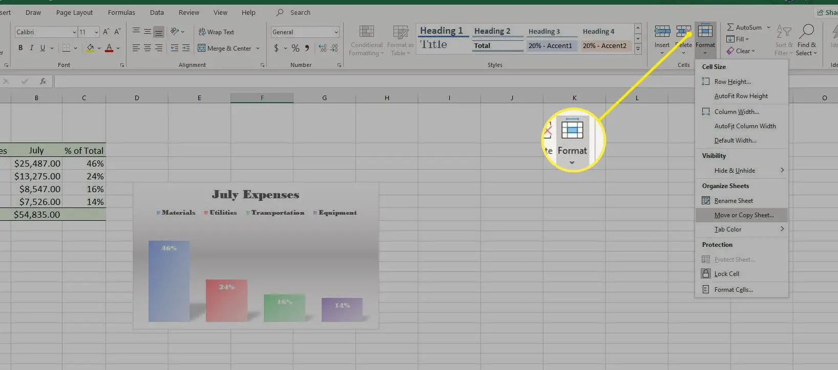 Seleção de formato no Excel.