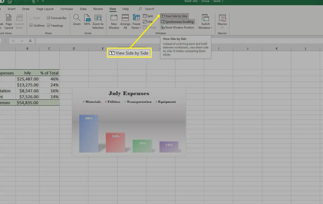Captura de tela de Exibir lado a lado na guia Exibir no Excel