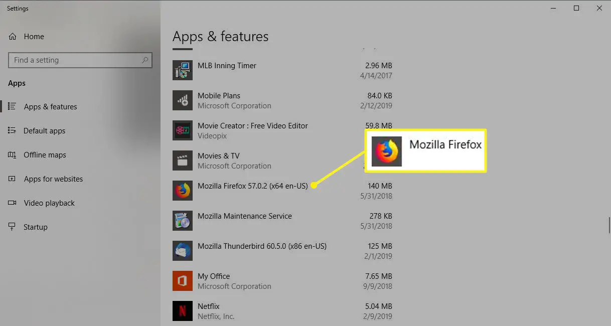 Configurações de aplicativos e recursos no Windows 10 com o Mozilla Firefox em destaque