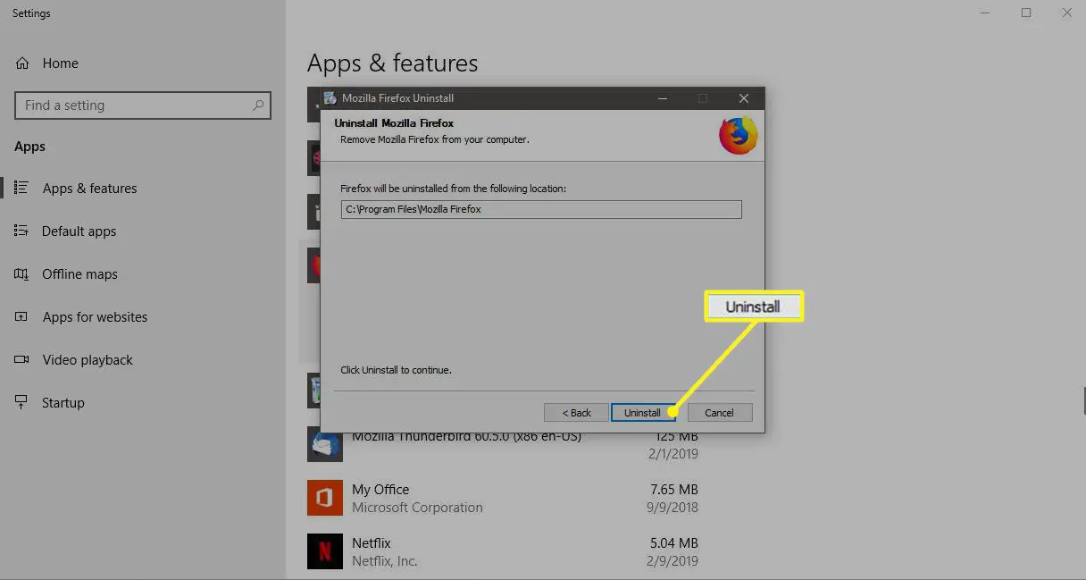 A tela de localização no Assistente de desinstalação do Firefox com a desinstalação destacada