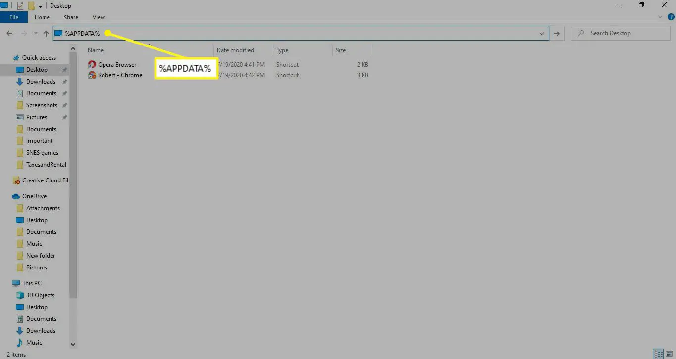 Windows File Explorer com% APPDATA% na barra de endereço