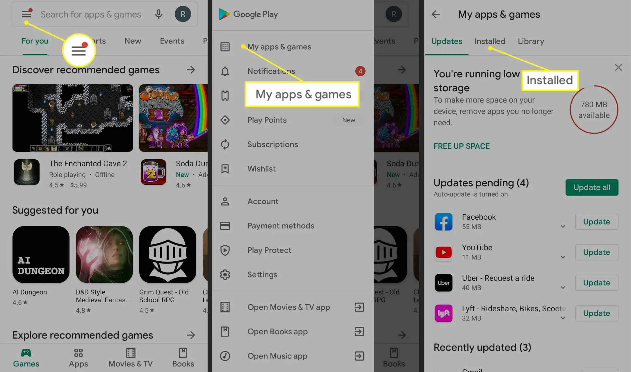 Caminho do aplicativo Google Play para aplicativos e jogos instalados