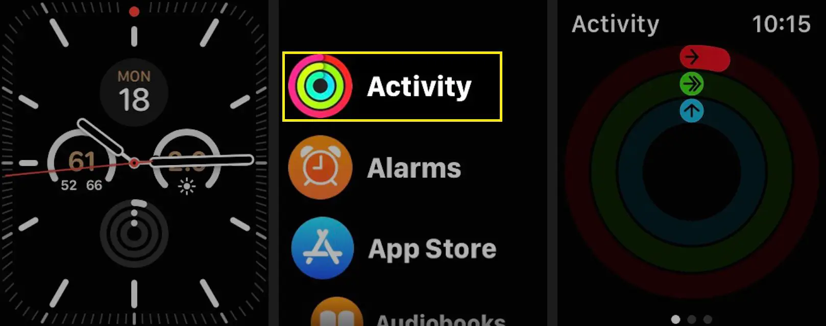 Inicie o aplicativo Activity em seu Apple Watch.  (O ícone do aplicativo mostra três anéis.)