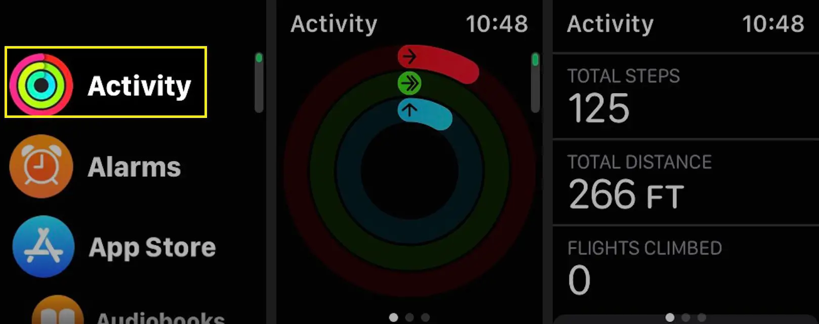 Para verificar seu passo atual e contagem de subidas de escada, inicie o aplicativo Activity em seu Apple Watch e role para baixo para ver seu total de passos, distância total e voos escalados.