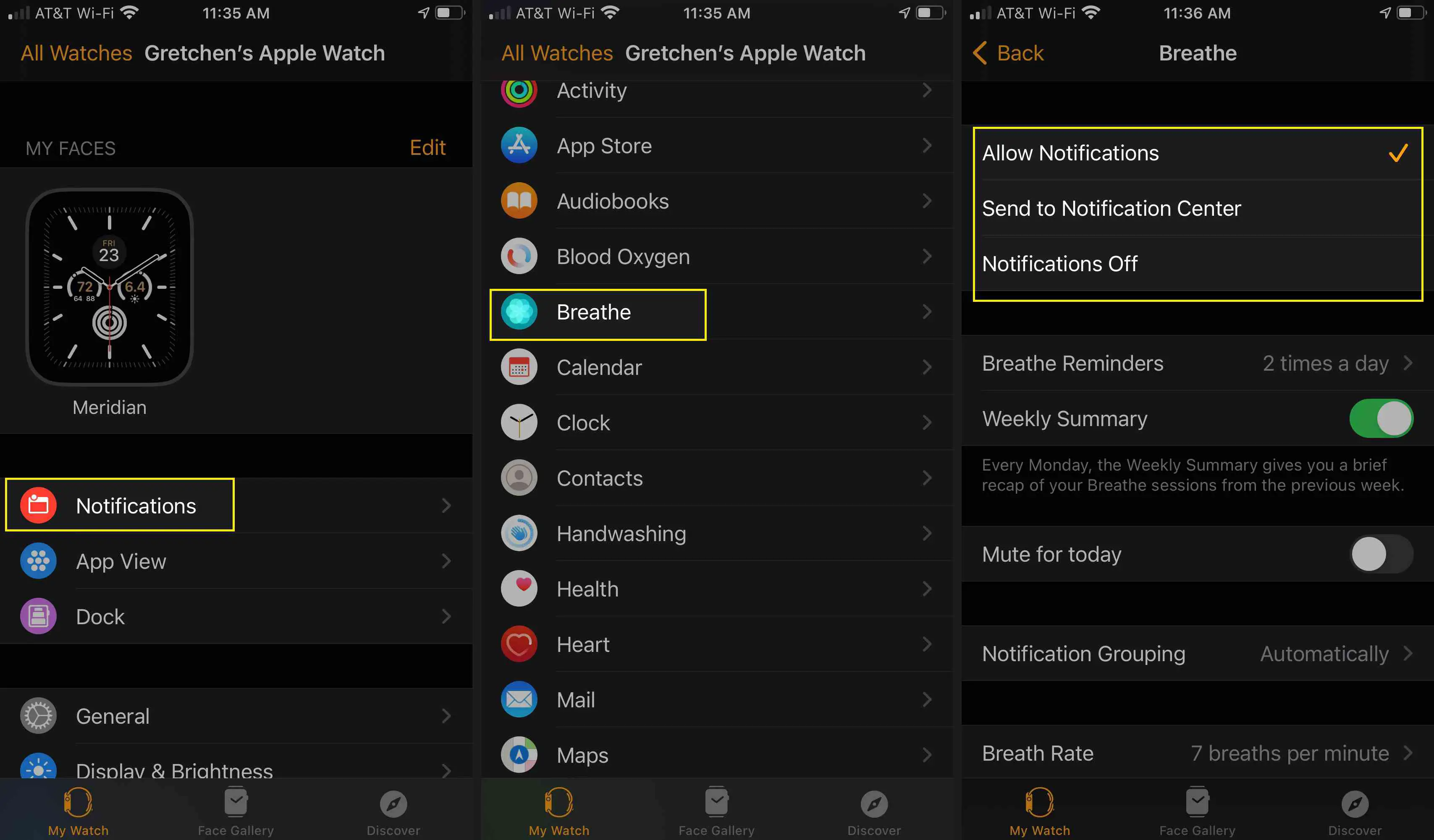Personalize suas notificações do Breathe no aplicativo Watch