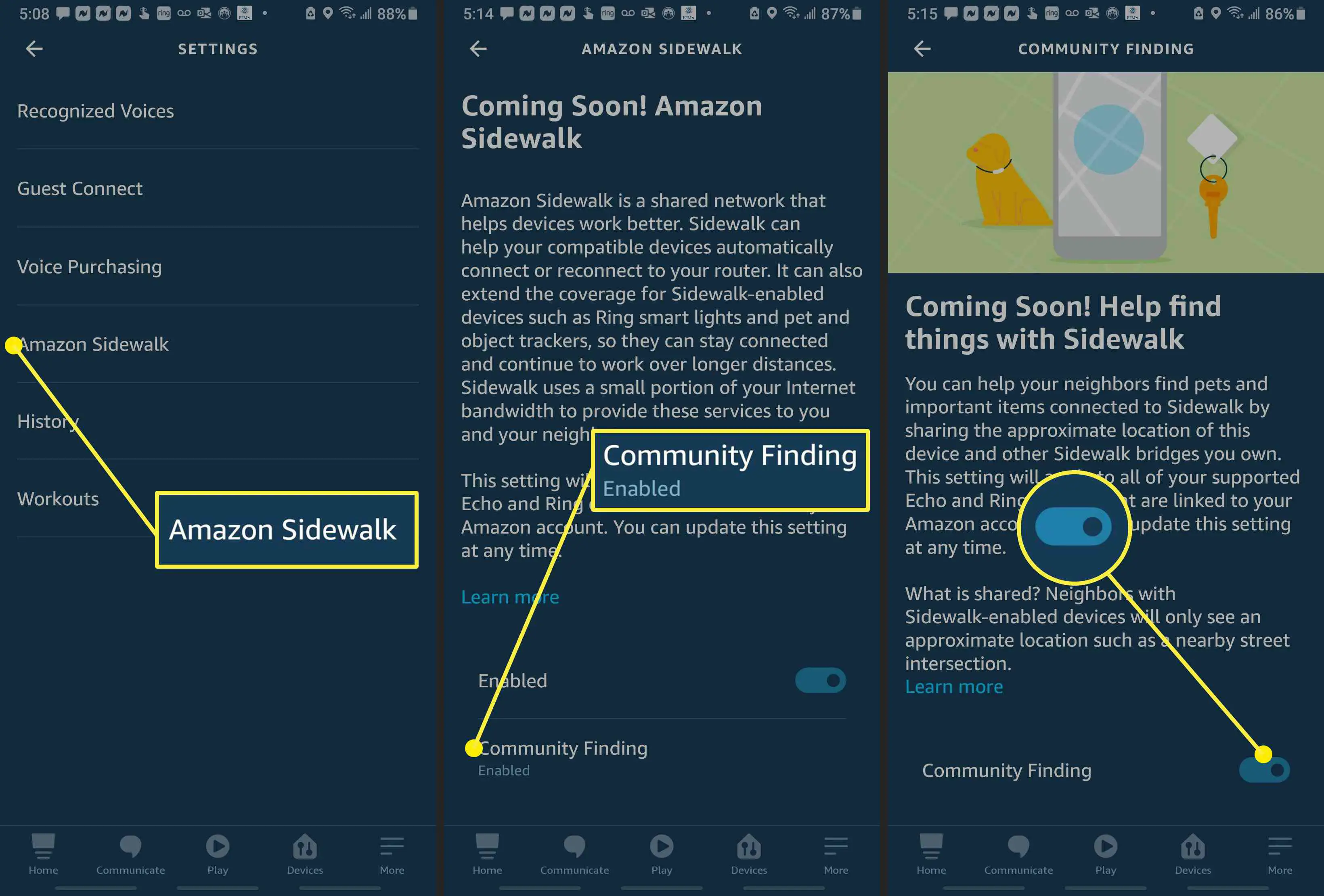 Capturas de tela do aplicativo Alexa mostrando como desativar a Localização da comunidade.
