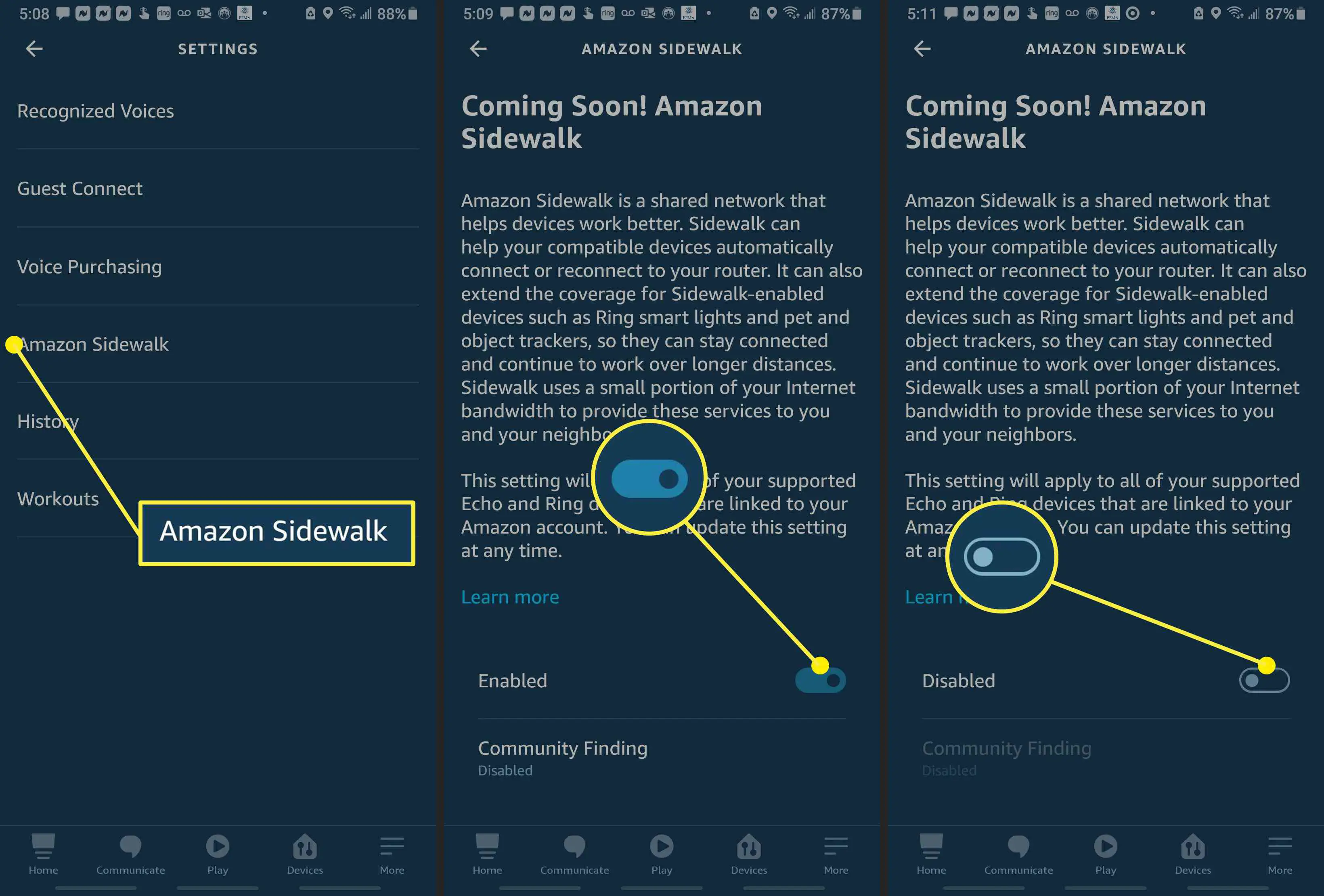 Capturas de tela do aplicativo Amazon Alexa mostrando como desativar o Amazon Sidewalk. 