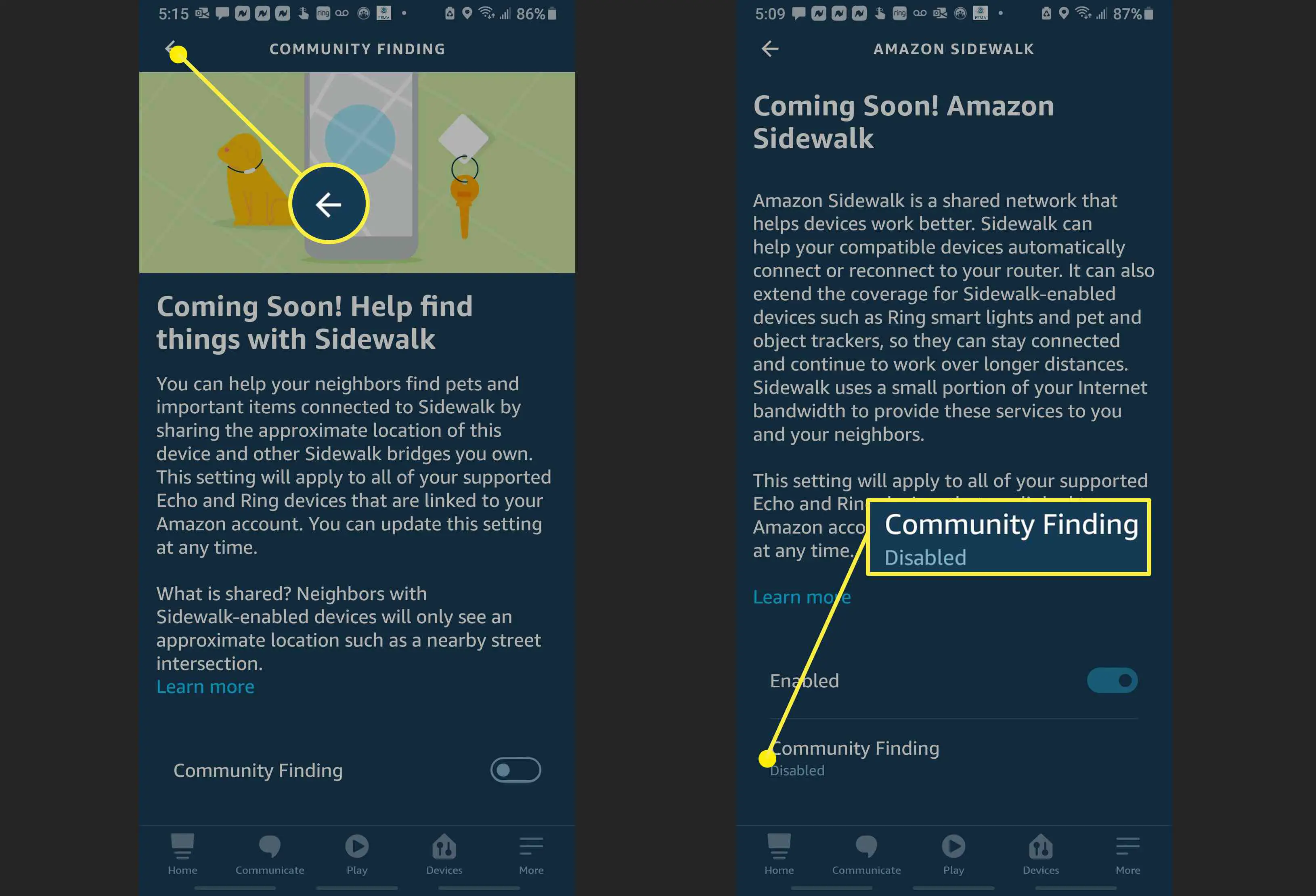 Capturas de tela mostrando como confirmar que a localização da comunidade está desativada no aplicativo Alexa.