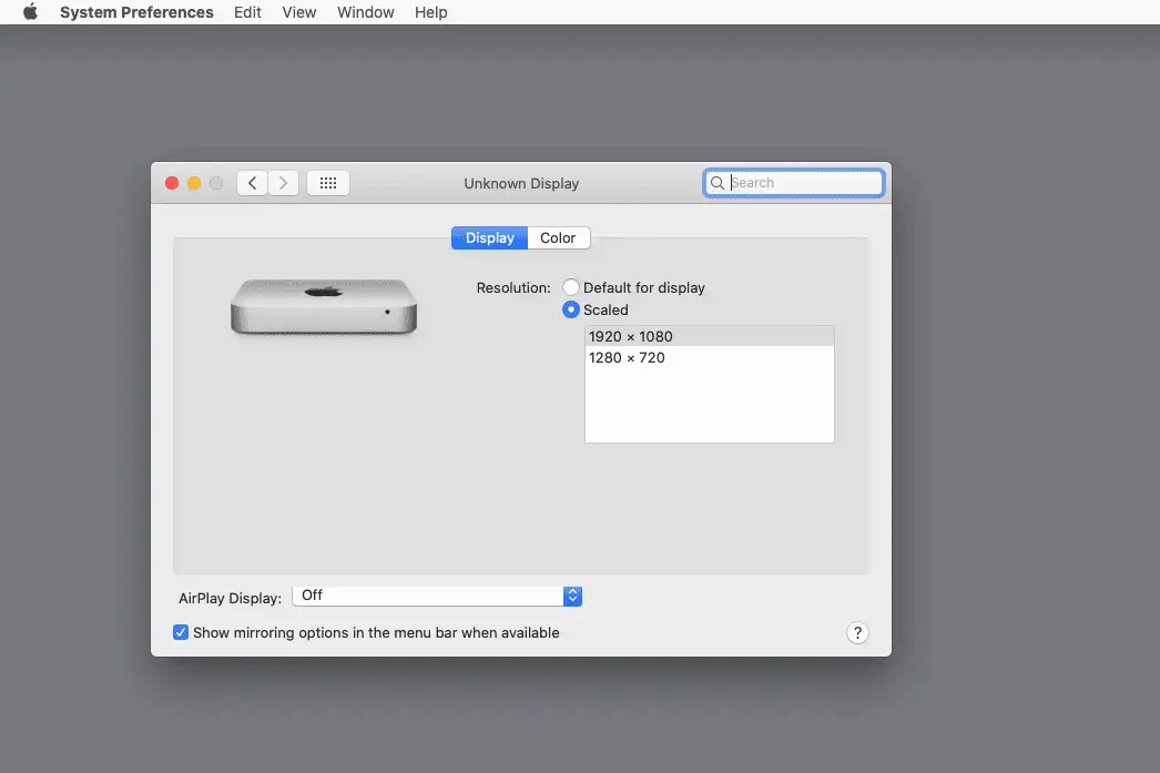 Configurações de exibição do Mac com escala escolhida