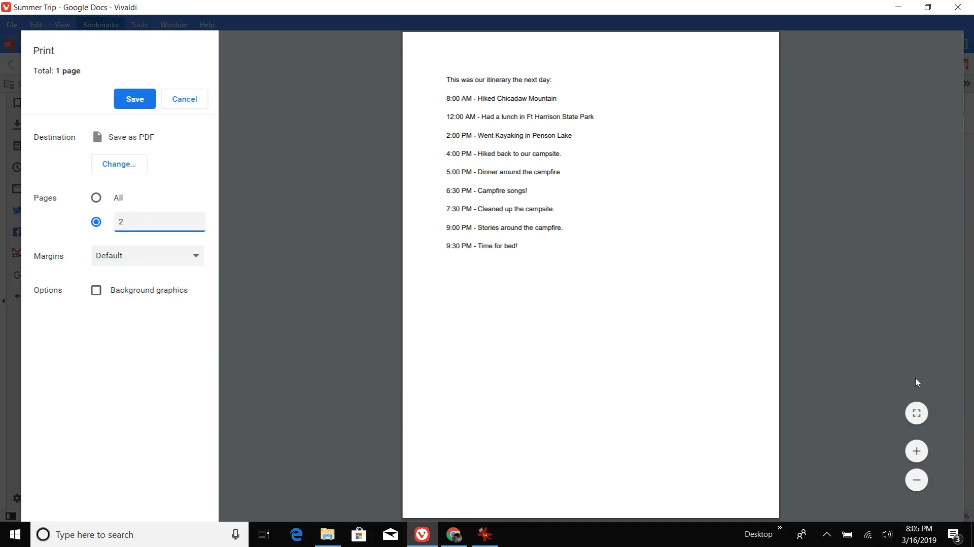 Captura de tela da impressão de páginas do Google Doc em diferentes formatos.