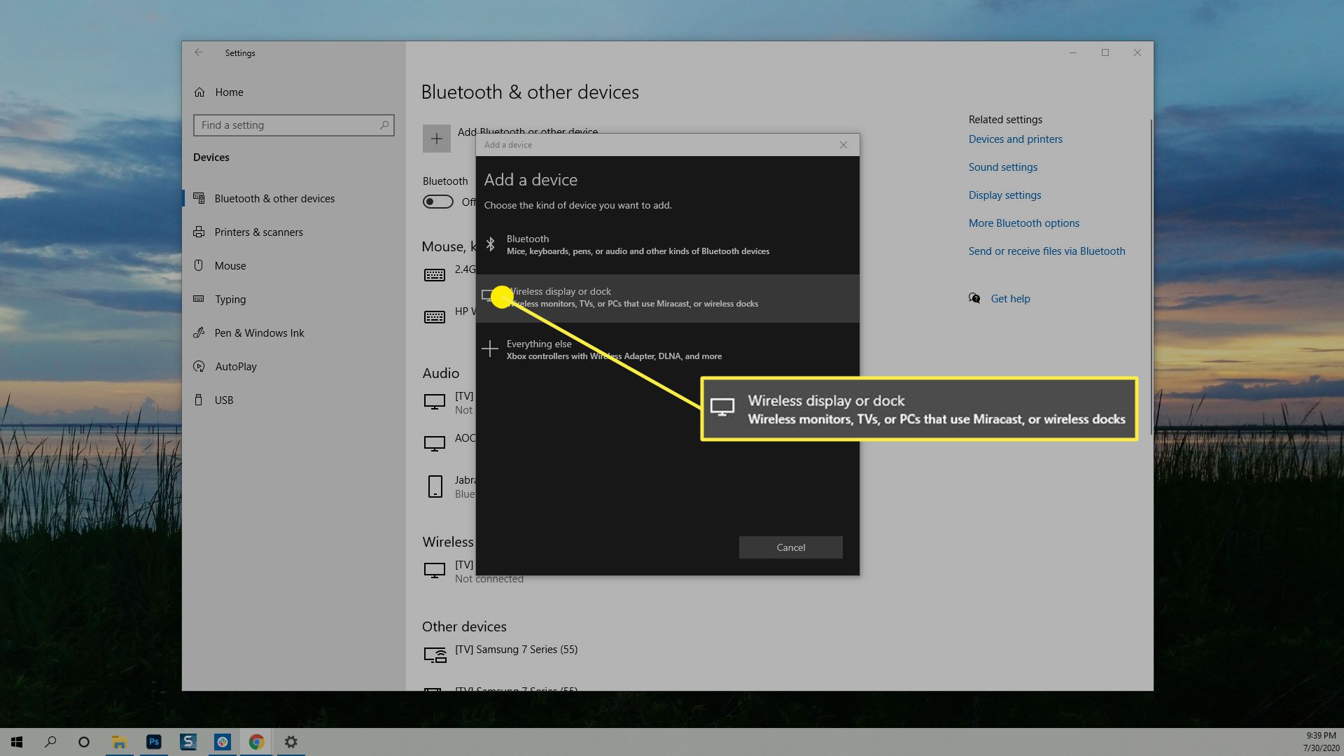 A opção de monitor sem fio ou dock no Windows 10.