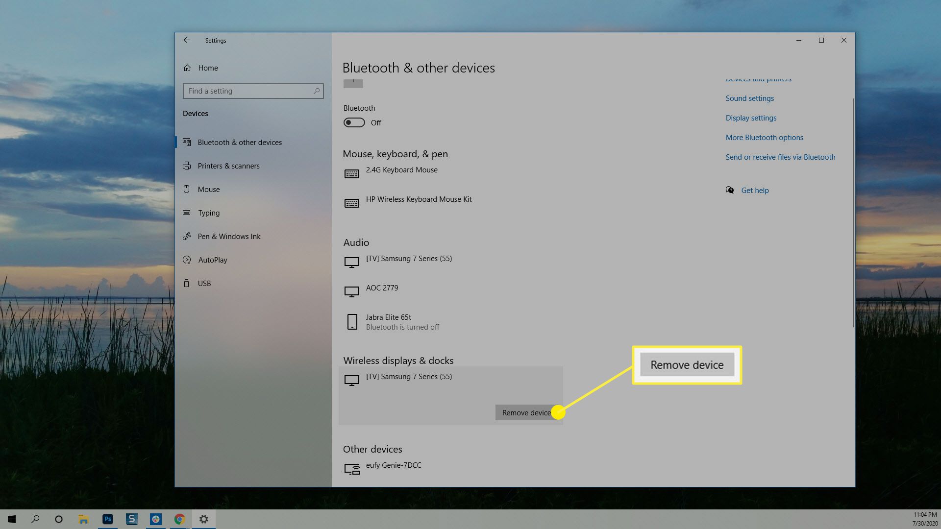 A opção Remover dispositivo no menu Dispositivos do Windows 10.