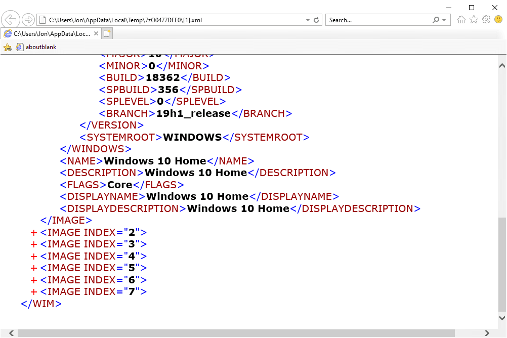 informações de índice de imagem no Windows 10 ISO
