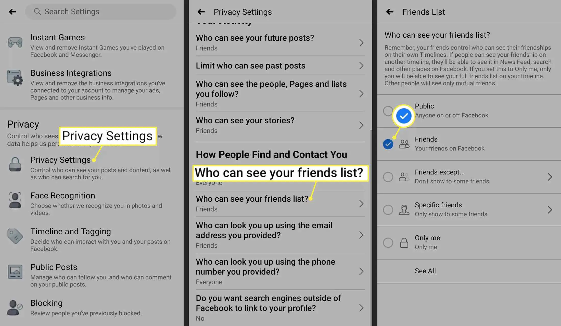 Configurações de privacidade, quem pode ver sua lista de amigos e o ícone de marca de seleção no aplicativo do Facebook