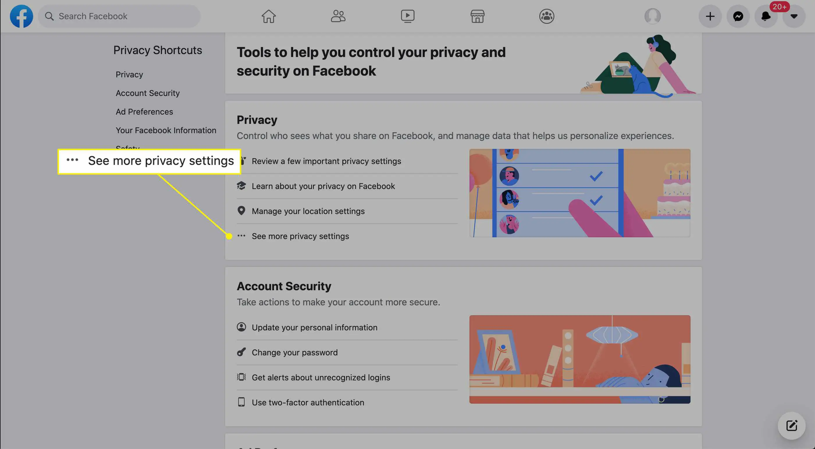 "Veja mais configurações de privacidade" na página de Atalhos de Privacidade no Facebook