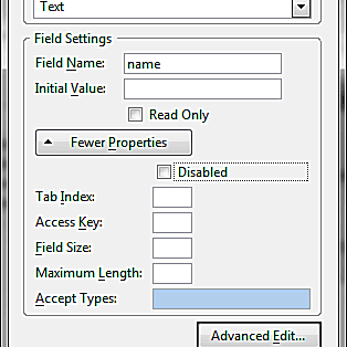 Adicionar um campo de texto a um formulário com a captura de tela do KompoZer