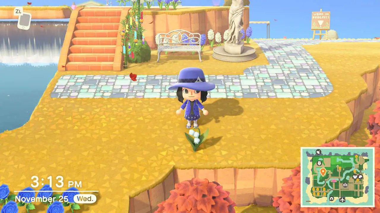 Personagem de Animal Crossing com flor de Lírio do Vale