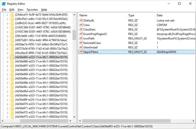 Captura de tela do DVD GUICLASS com o valor UpperFilters destacado no Windows 10