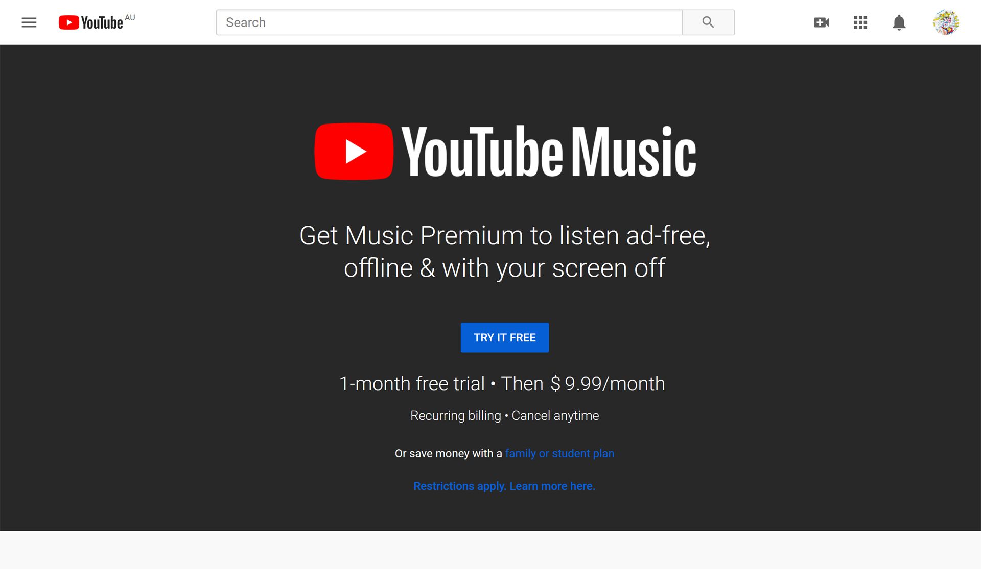 Site do YouTube Music.