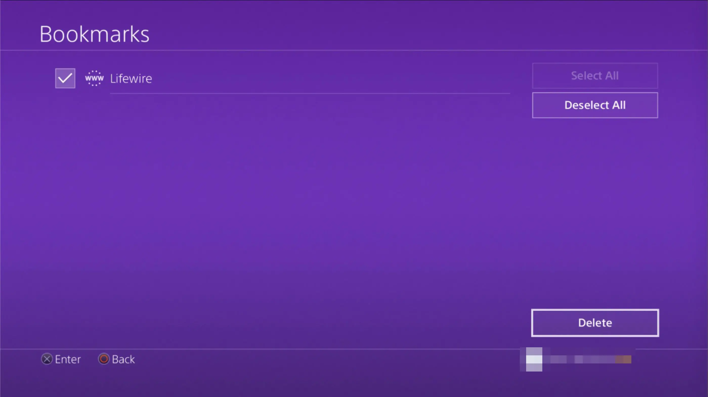 Botão Excluir favoritos no navegador PS4