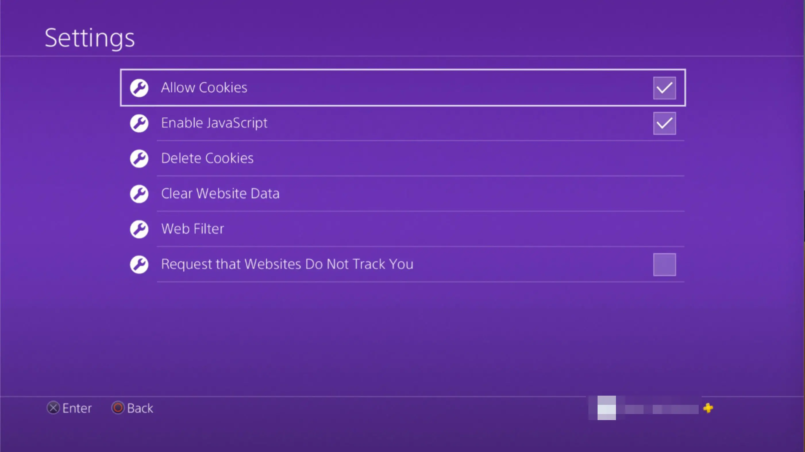 Opção Permitir Cookies nas configurações do navegador PS4