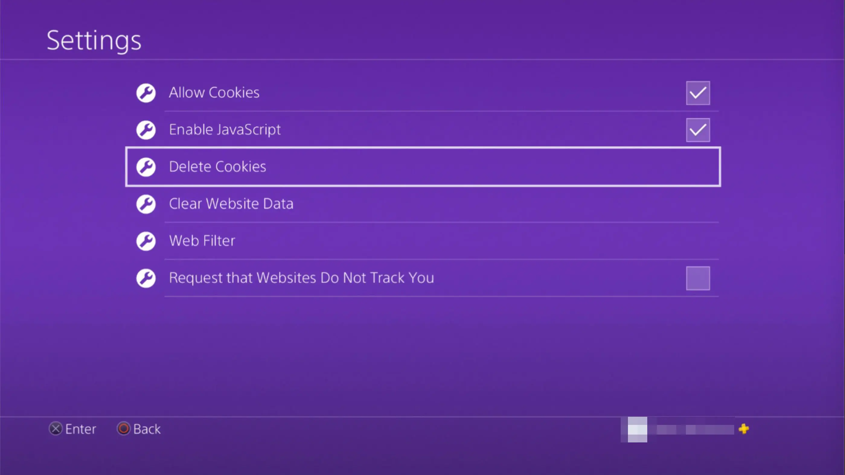 Opção Excluir cookies nas configurações do navegador PS4