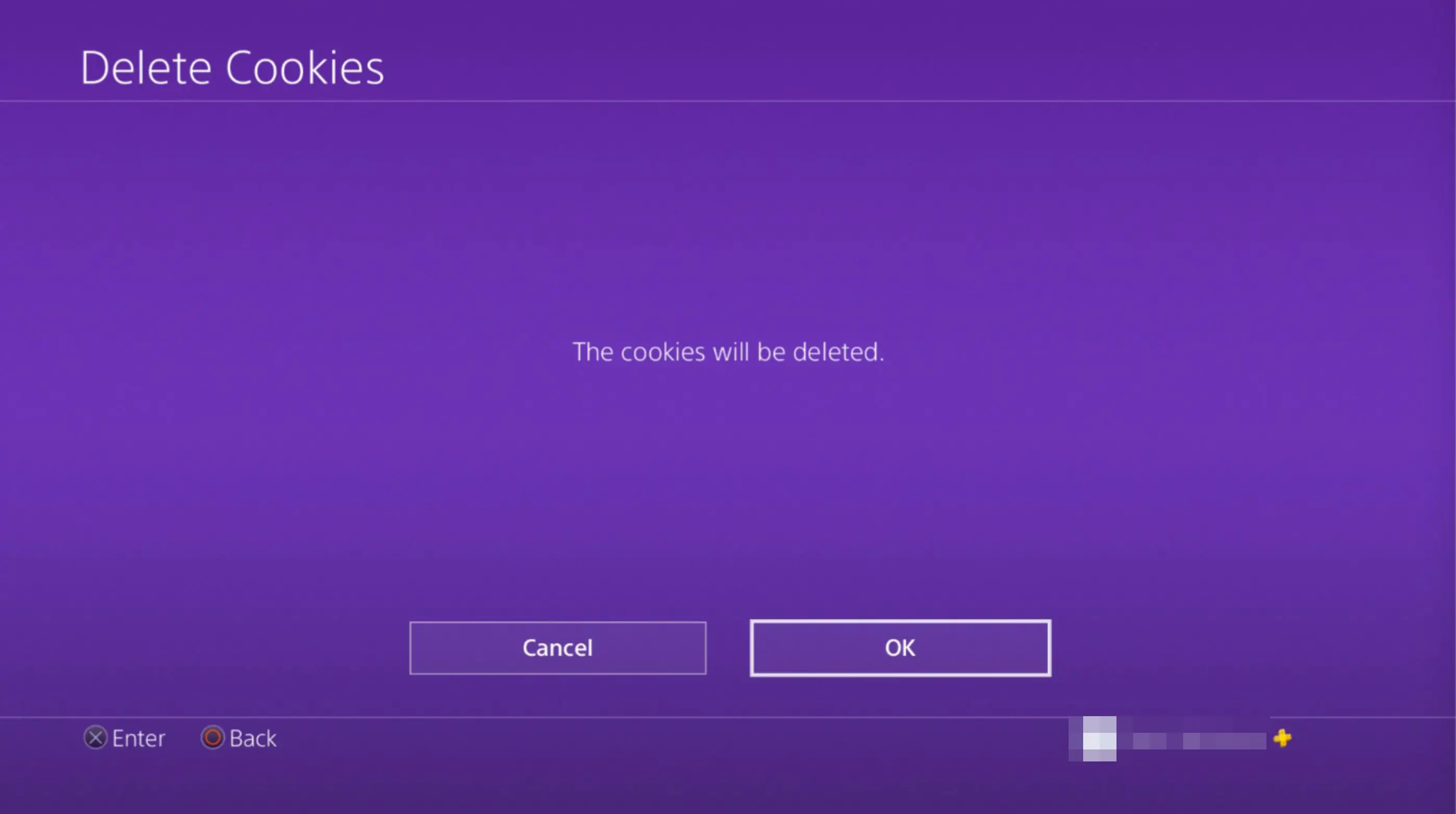 Os cookies serão apagados da tela de confirmação do navegador PS4