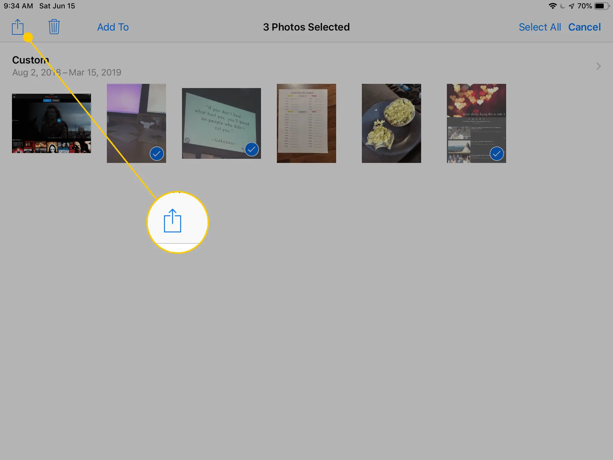 Botão Compartilhar em Fotos no iPad
