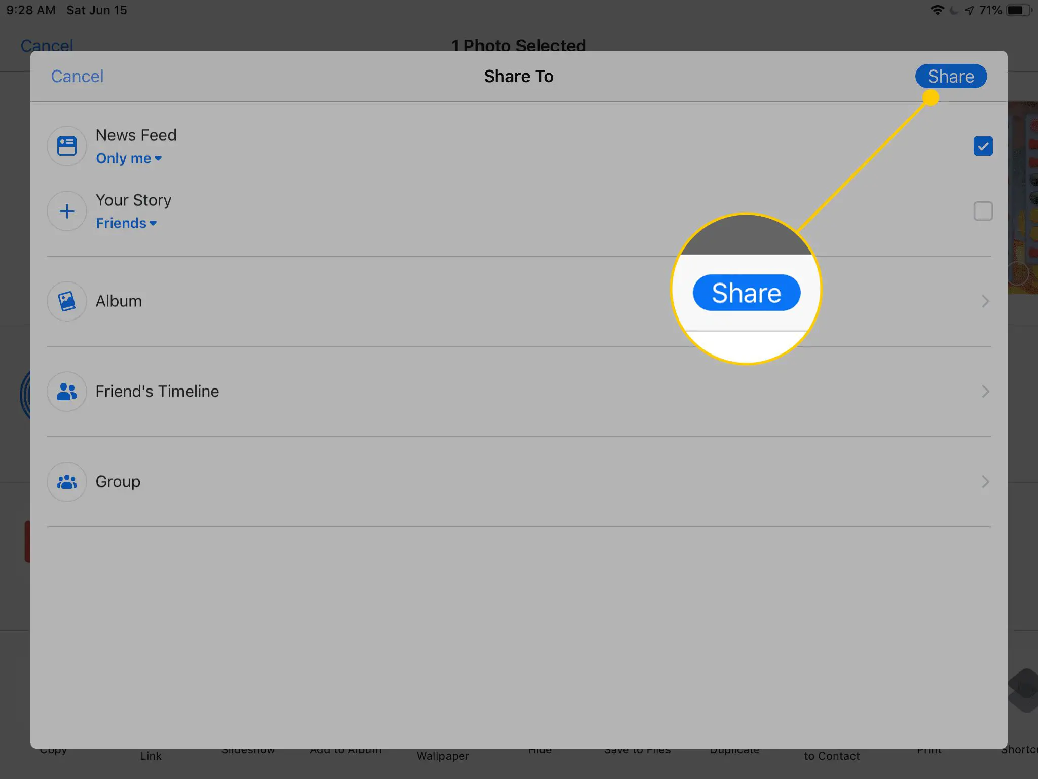 Botão Compartilhar em Compartilhar na planilha no iPad