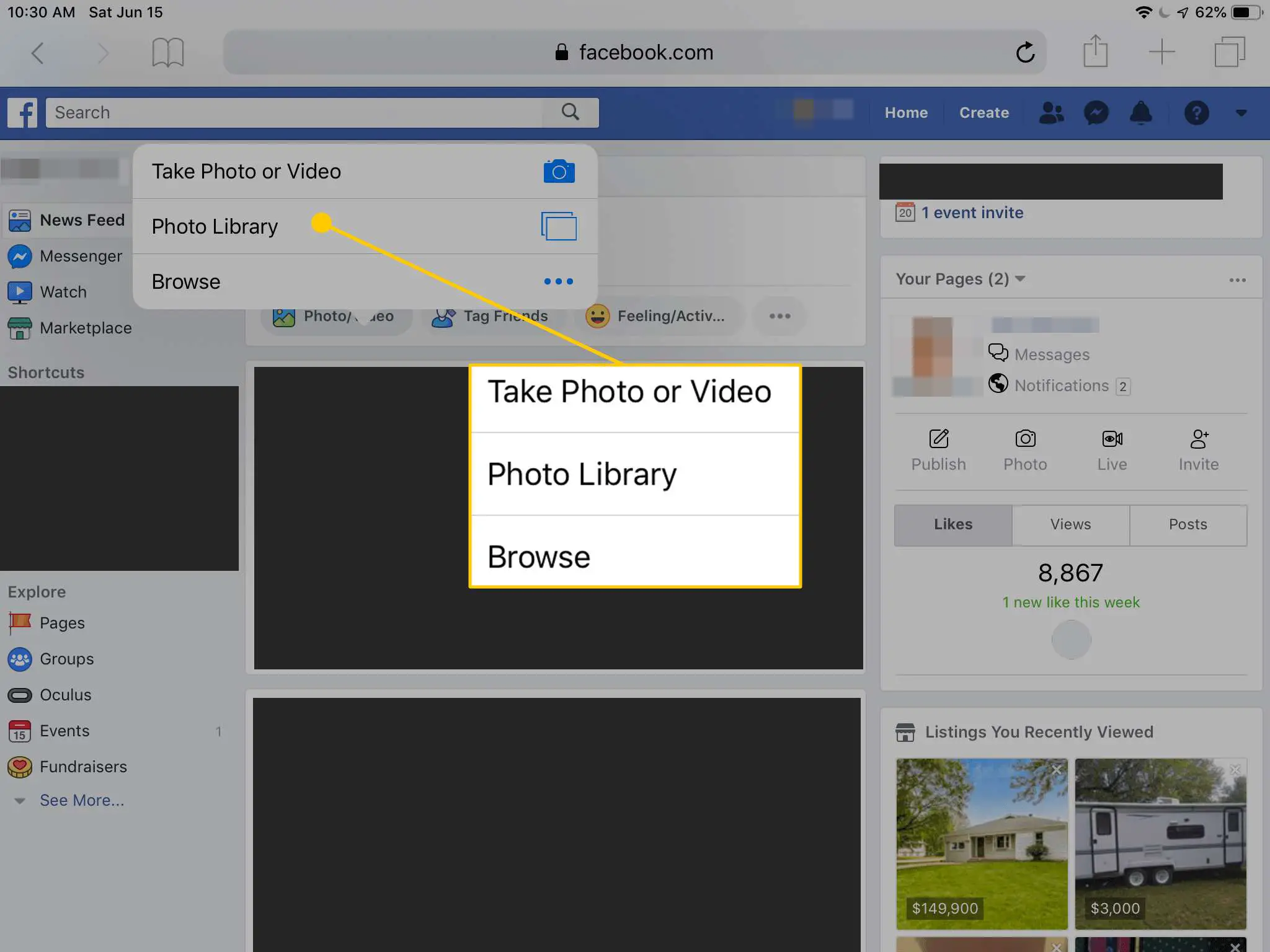 Opções de upload de fotos no Facebook via Safari no iPad