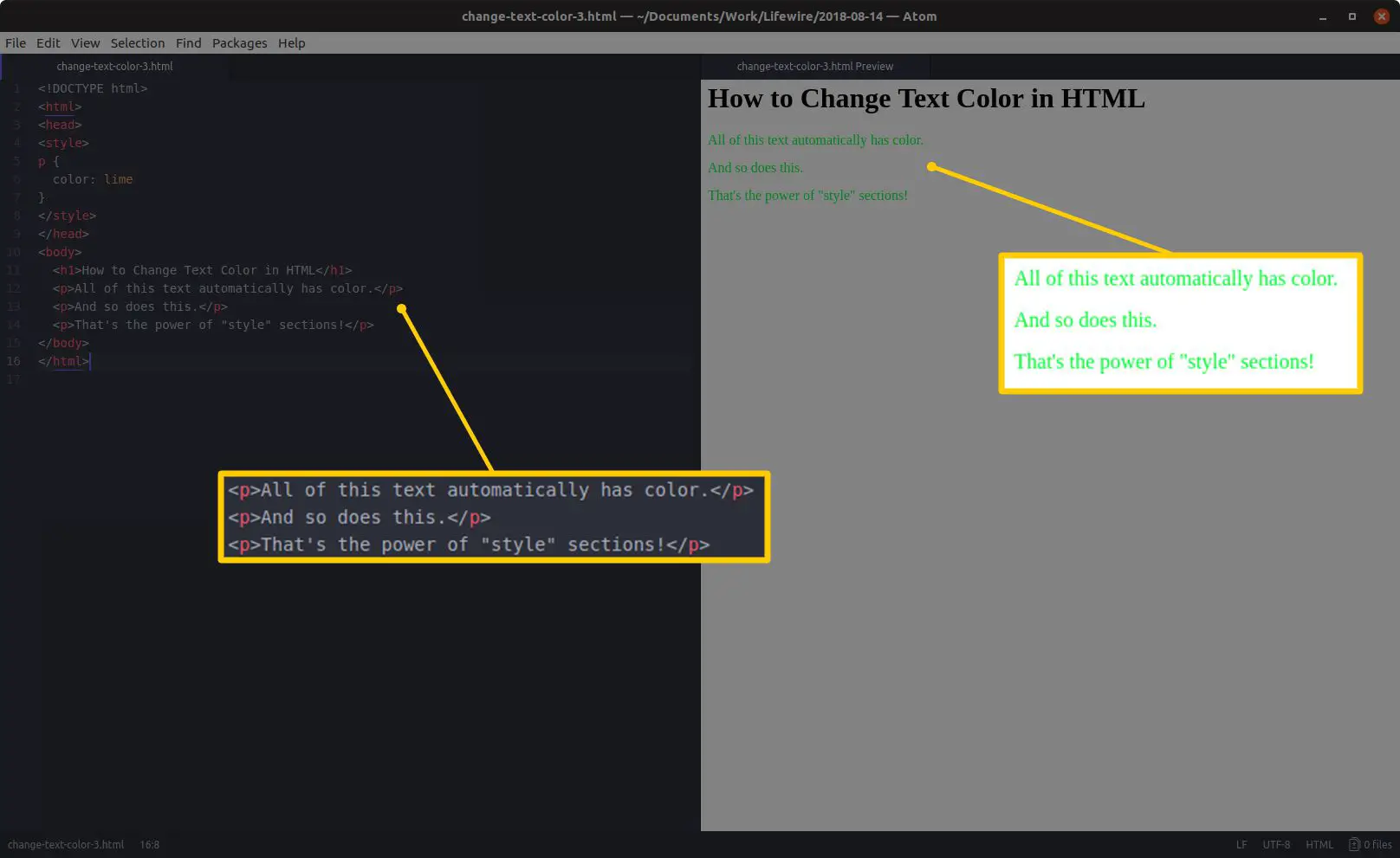 Editor de código com HTML e seções destacadas à esquerda e uma visualização de HTML e resultados destacados à direita