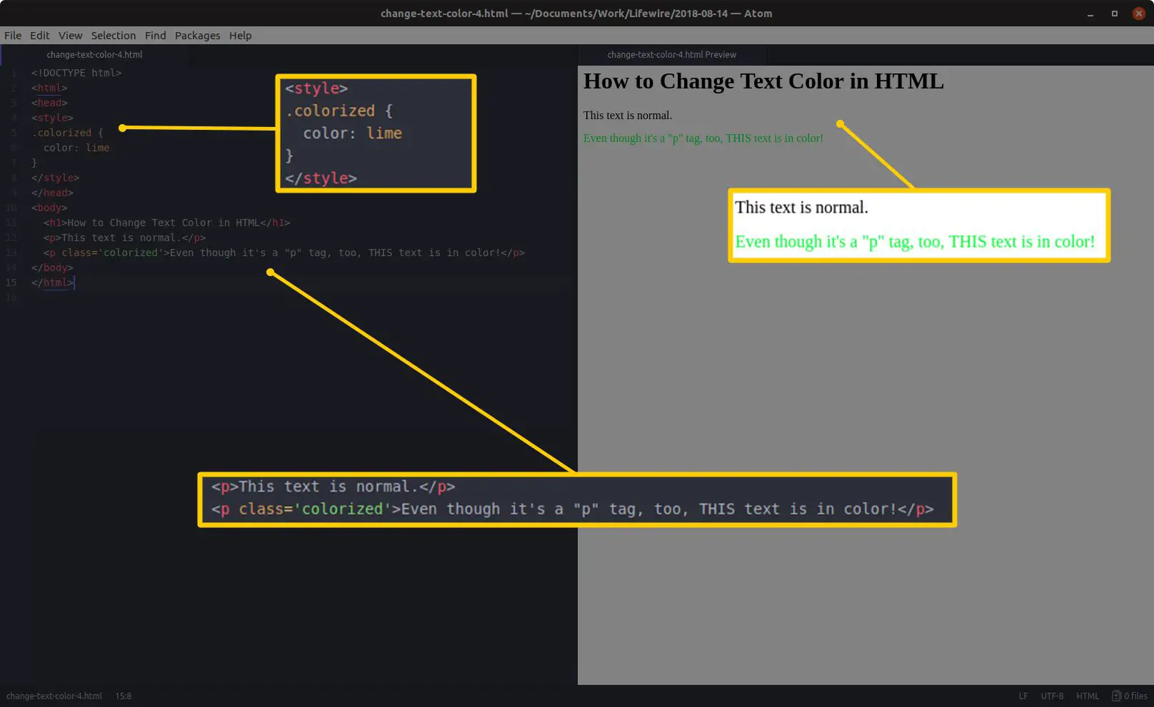 Editor de código com HTML e seções destacadas à esquerda e uma visualização de HTML e resultados destacados à direita