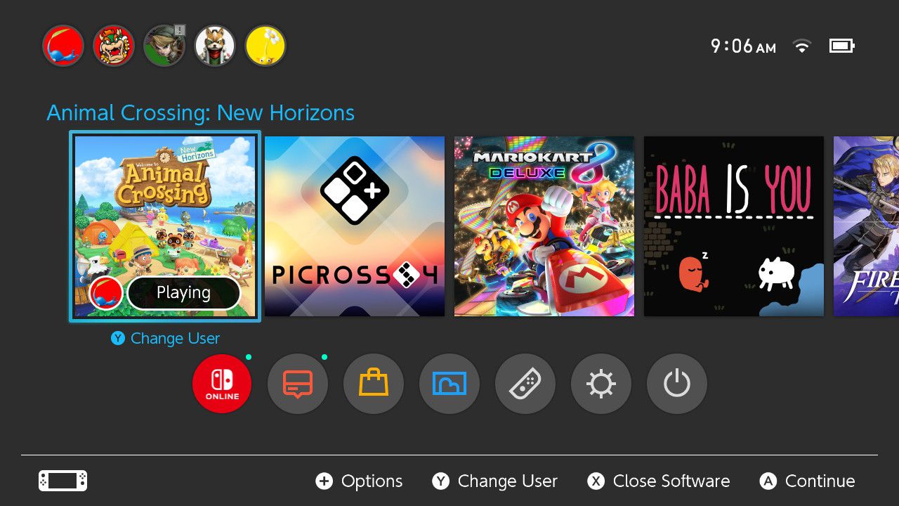 Selecionando o ícone do jogo Animal Crossing: New Horizons no menu inicial do Nintendo Switch