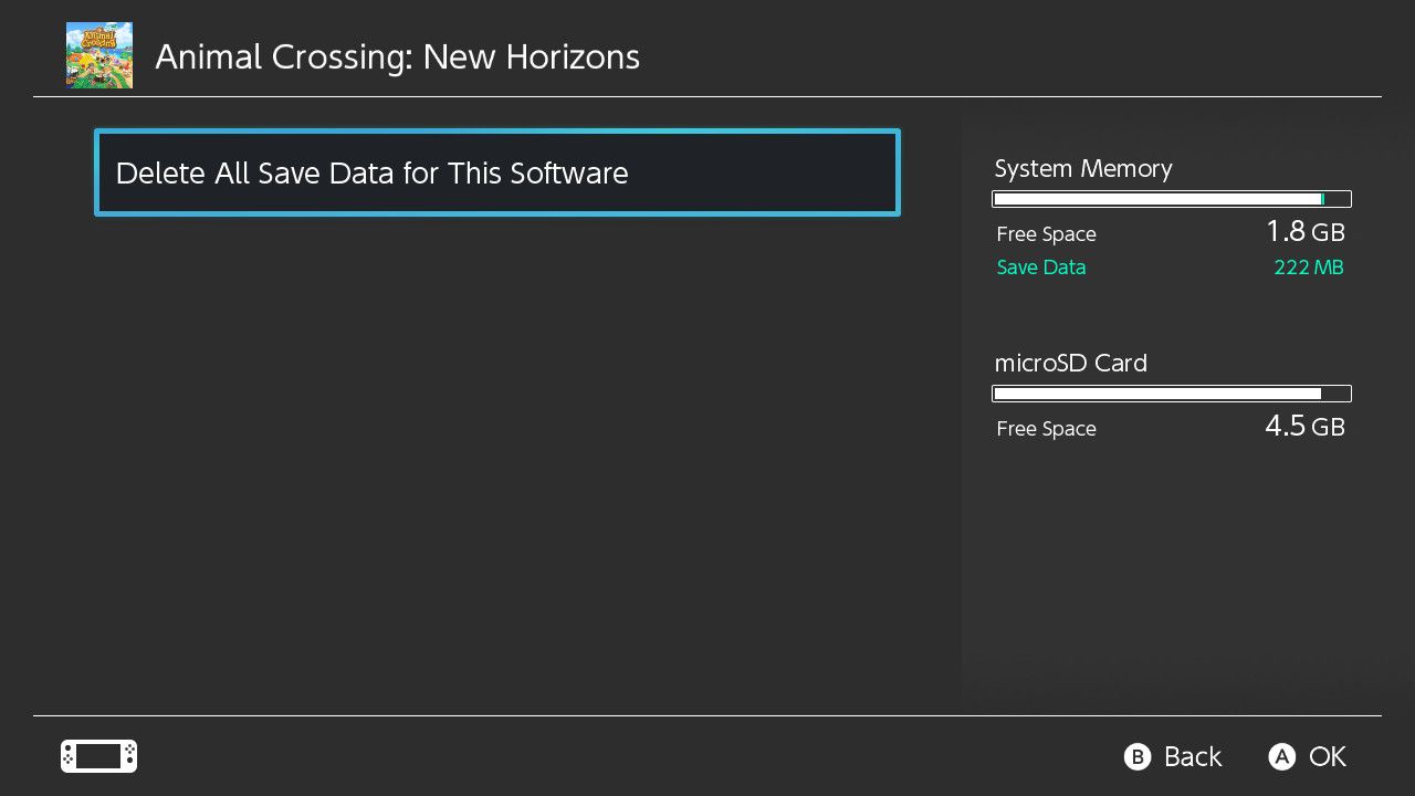 Selecionando Delete All Save Data for Animal Crossing: New Horizons