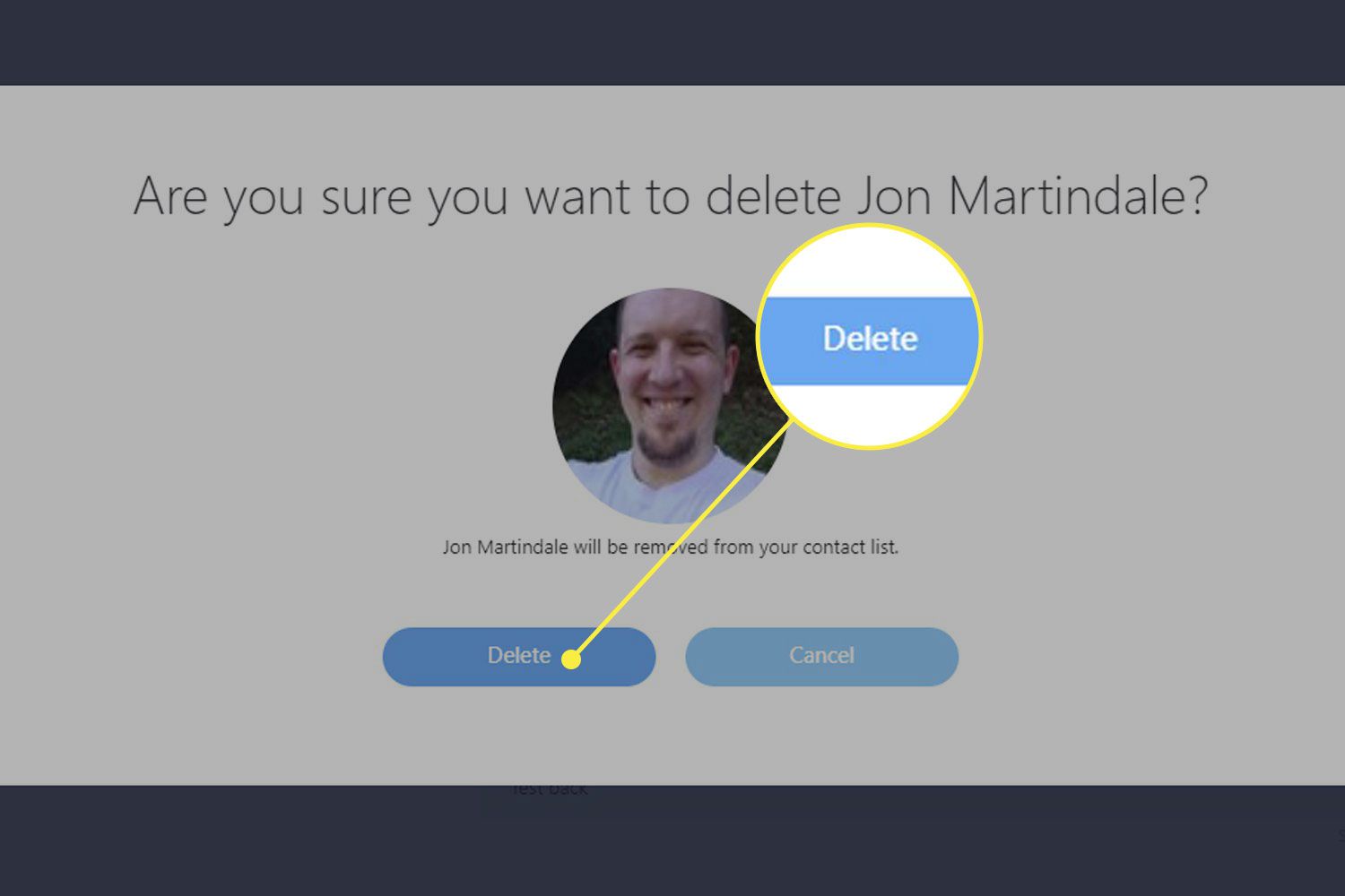 Captura de tela da tela de exclusão de contato do Skype com o botão Excluir destacado