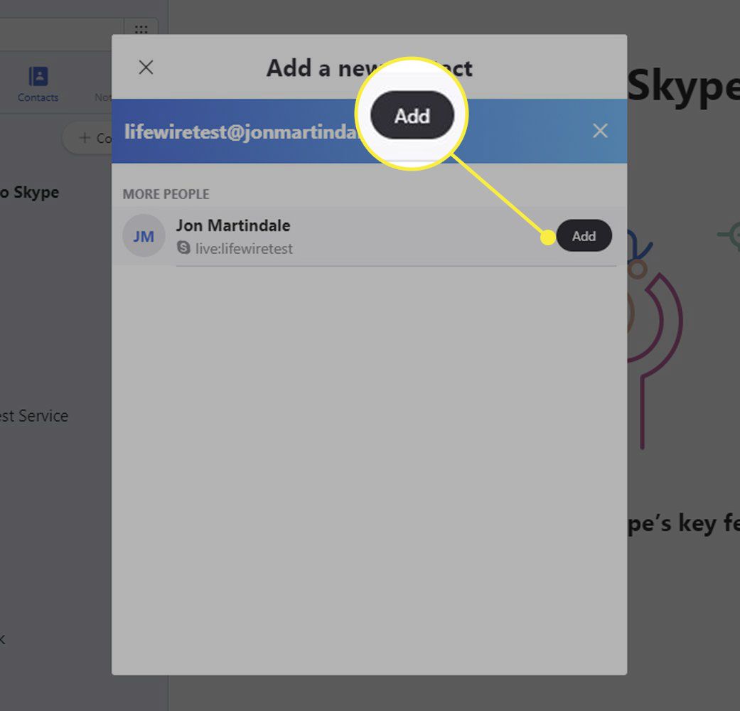 Uma captura de tela do Skype com o botão Adicionar destacado