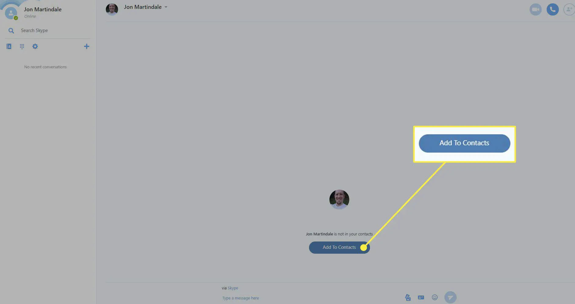Uma captura de tela do Skype com o botão Adicionar aos contatos destacado