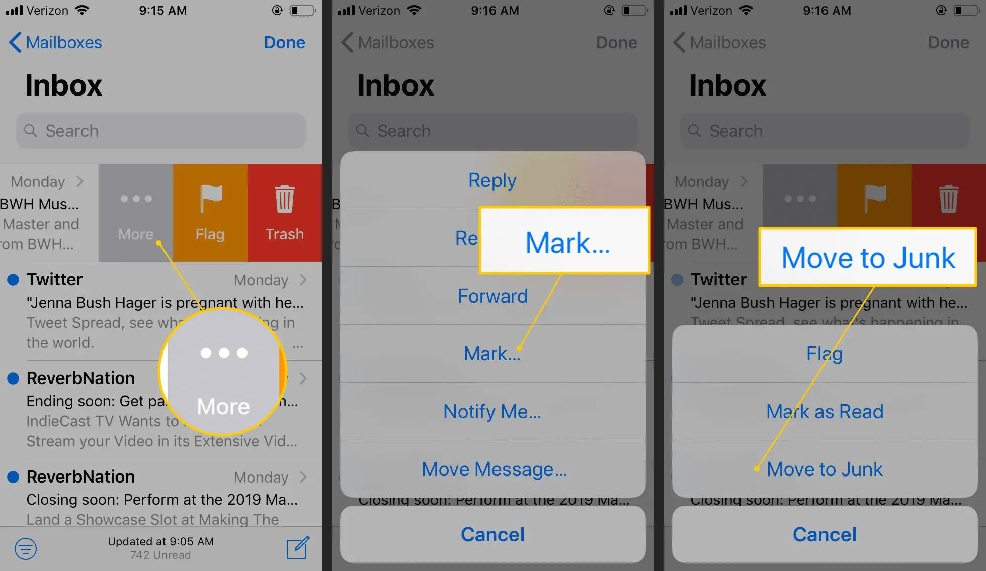 Mova e-mails para a pasta de lixo eletrônico no iOS Mail
