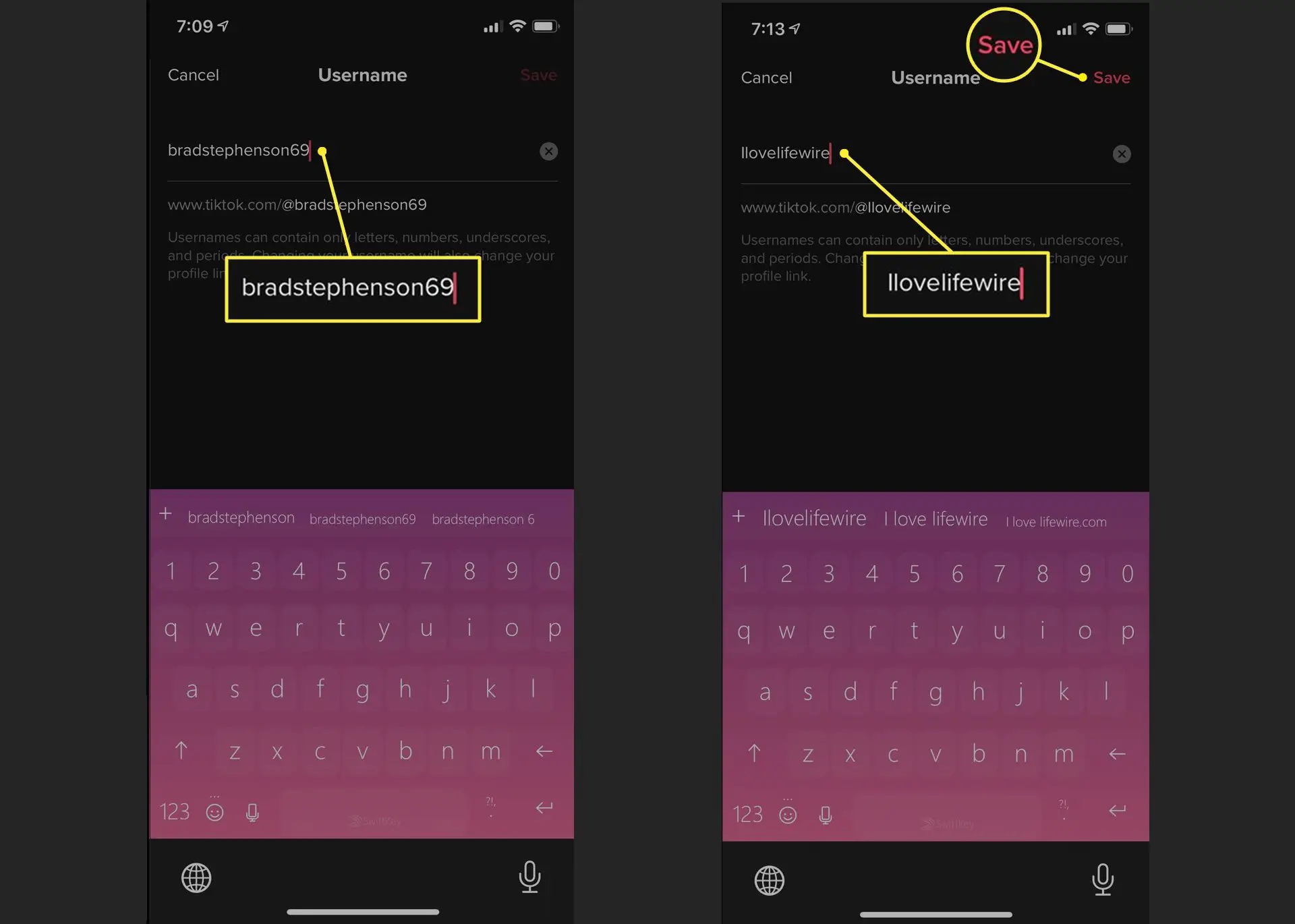 Aplicativo TikTok no iPhone mostrando a tela de nome de usuário