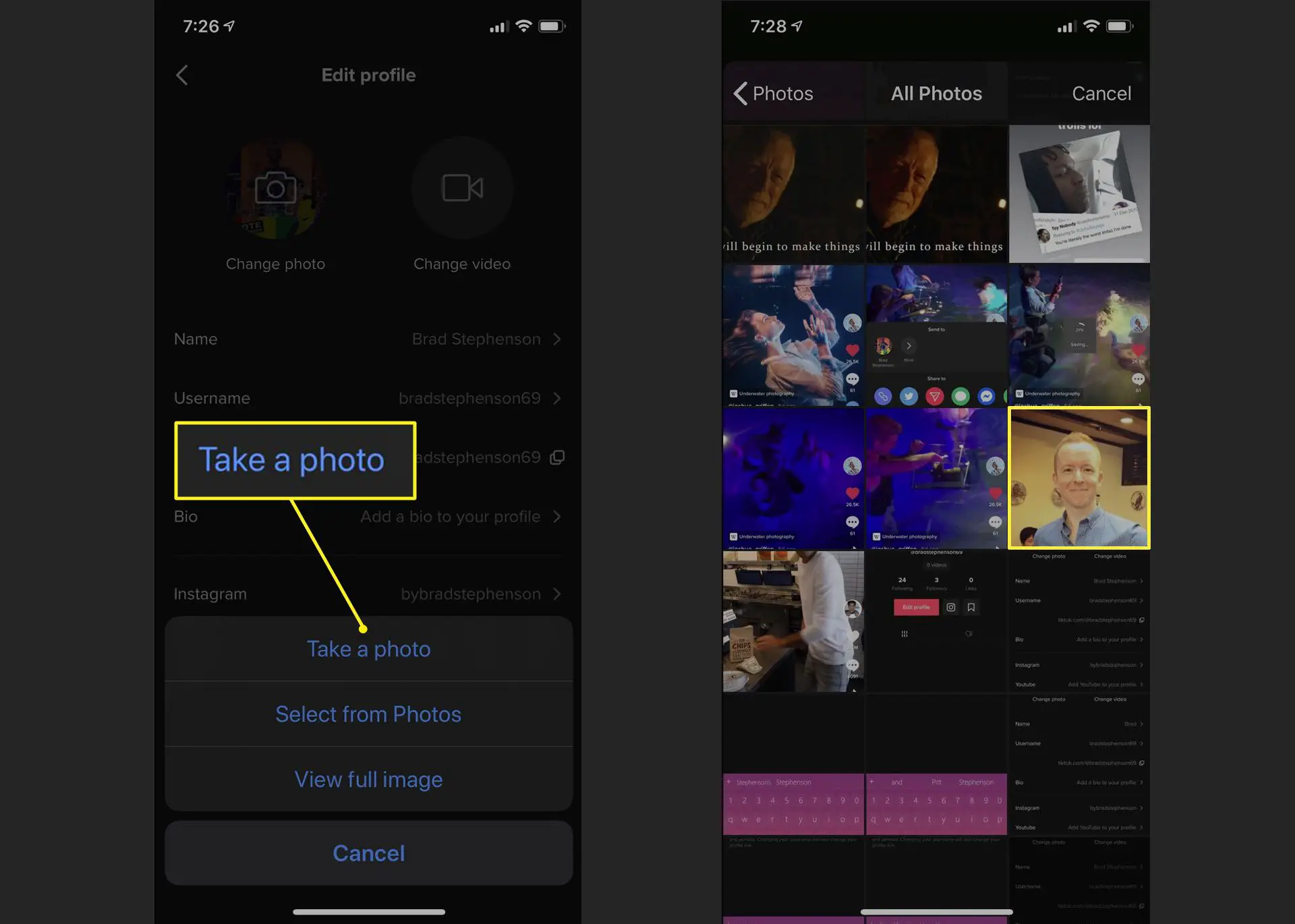 Aplicativo TikTok no iPhone mostrando a tela Editar perfil